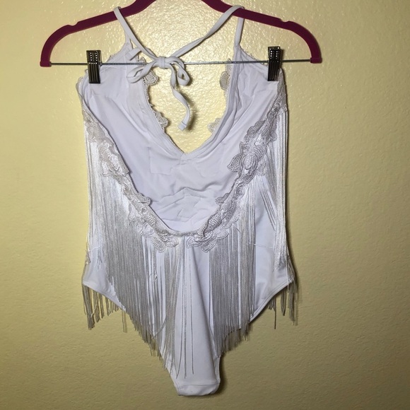 ASOS BRIDAL Fringe Applique Halter Plunge Swimsuit size 10 NWOT - Picture 5 of 9
